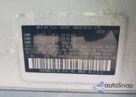 2013 Subaru Legacy 2.5I Premium z USA, uszkodzony, nr VIN 4S3BMBC60D3025316